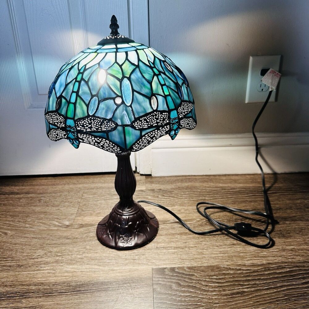 Tiffany Style Table Lamp Blue Stained Glass Dragonfly LED Bulb 19"H*12"W*12"D